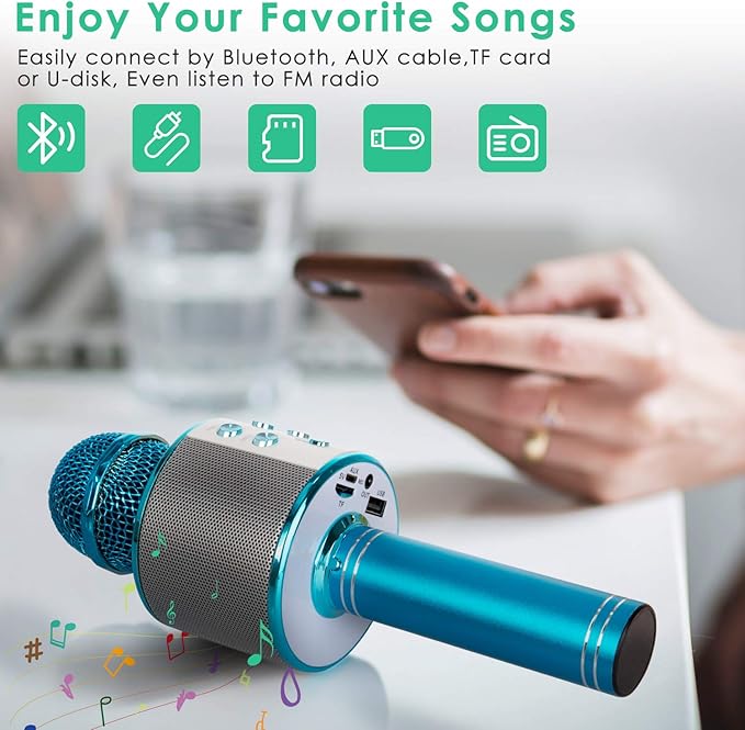 KIDWILL Wireless Bluetooth Karaoke Microphone for Kids, 5-in-1 Portable Handheld Karaoke Mic Speaker Player Recorder with Adjustable Remix FM Radio for Kids Girls Boys Teens Birthday (858-Blue)