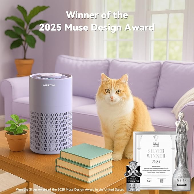 AIRROMI Air Purifier for Bedroom with HEPA 3-in-1 Filter, Pet Air Purifier for Home Cat Pee Smell, Covers Upto 990 Ft², Quiet 360°intake Air Cleaner for Pet Hair,Allergies,Pollen,Smoke A2001 Purple