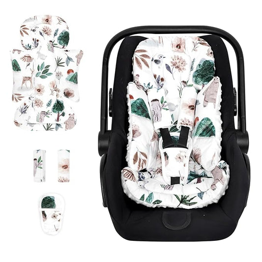 Infant Car Seat Insert and Strap Covers, Very Soft Car Seat Head Support Baby Girl Boy, Reversible Newborn Carseat Insert Cushion Fits for Stroller, Baby Swing, Bouncer (White Animals)