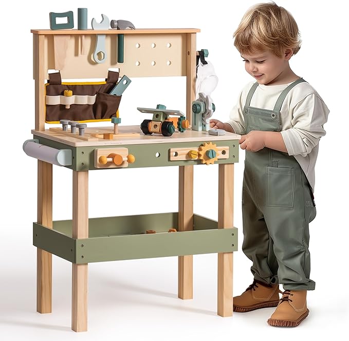 ROBOTIME Wooden Kids Tool Bench, Toddler Tool Bench - Toy Play Workbench Workshop with Tool Belt, Play Tools Set, Drawing Paper for Construction Play, Perfect for Kids Ages 3-5