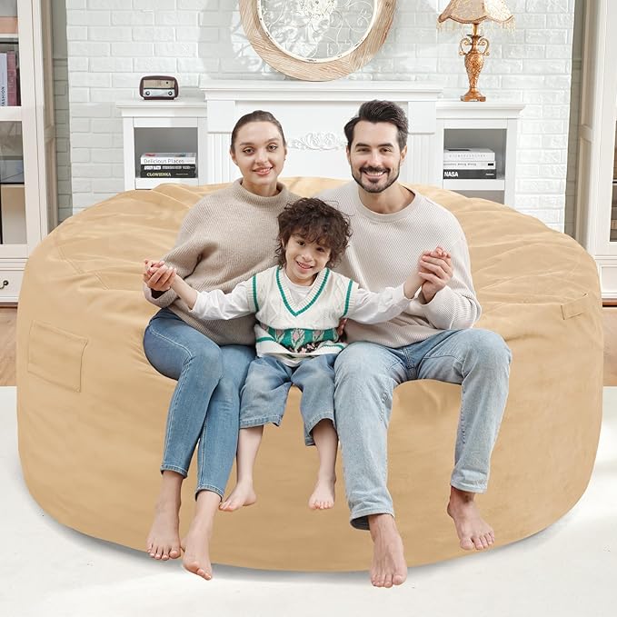 5FT Bean Bag Chair, Large Bean Bag Chairs with Memory Foam Filled, Fluffy Beanbag Sofa with Dutch Velvet Cover, Round BeanBag Chairs for Living Room, Playroom - Khaki