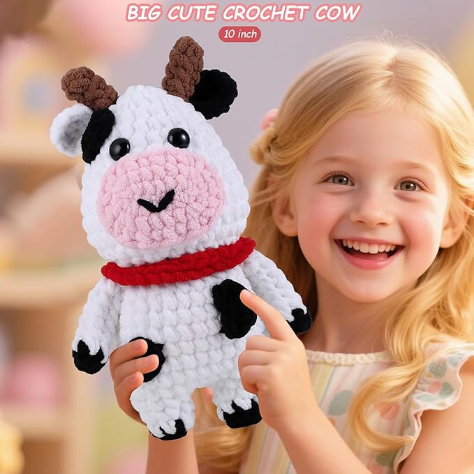 Crochet Animal Kit – 10in Big Adorable COW, Amigurumi Crochet Kit For Intermediate Advanced Level, Kids Knitting Kit With Detailed Videos Tutorials, Yarn, Crochet Hook, Best Gift For Crochet Lovers