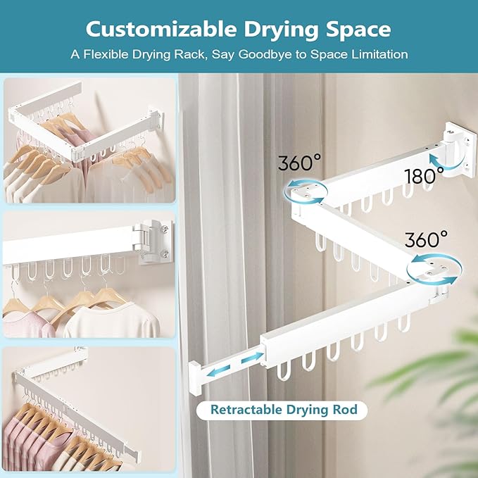 JAUREE Clothes Drying Rack Wall Mounted, Laundry Drying Rack Collapsible, Space Saving Wall Drying Rack Clothing Foldable, Tri-Fold Retractable Rack Outdoor Indoor with 18 Hooks, White