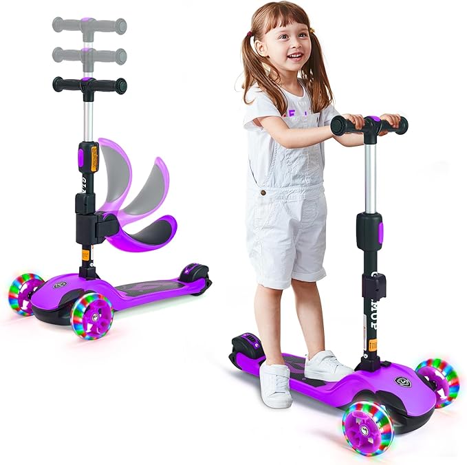 GLAMUP Kids Scooter, 2-in-1 Folding Kick Scooters, Adjustable Height, Safety Lock, 3 Wheel Kick Scooter for Boys and Girls Ages 3-14