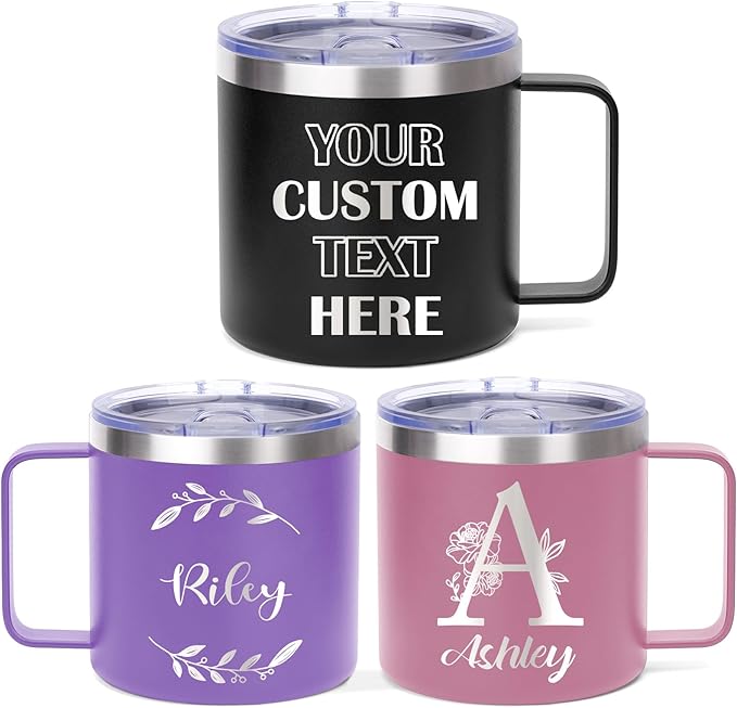 Custom Insulated Coffee Tumbler, Personalized Travel Coffee Mug with Handle and Lid, 14oz Engraved Stainless Steel Coffee Mug, Personalized Gifts for Women Men and Friends