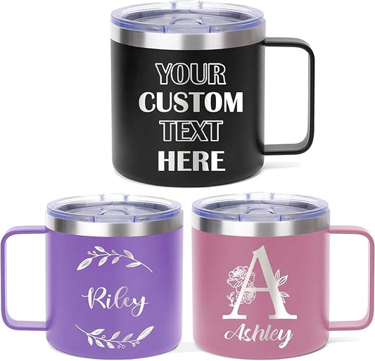 Custom Insulated Coffee Tumbler, Personalized Travel Coffee Mug with Handle and Lid, 14oz Engraved Stainless Steel Coffee Mug, Personalized Gifts for Women Men and Friends
