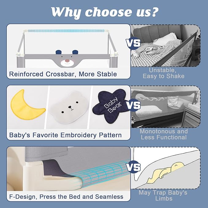 3-Piece Bed Rail for Toddlers with Headboard Rod, Adjustable Baby Bed Rail Guard, Twin/Full/Queen/King Size Bed (3, 74.8 * 74.8 * 54 Inch- Full Size)