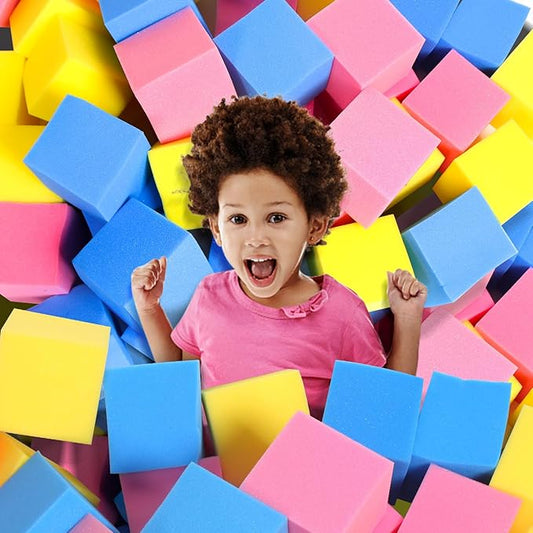 Foam Pit Cubes - 36 PCS 5 Inches Gymnastics Foam Blocks Trampoline Blocks, Multi-Sport Protective Padding for Gymnastics, Trampoline, Parkour, Skate Parks & BMX- Pink & Yellow & Dark Blue