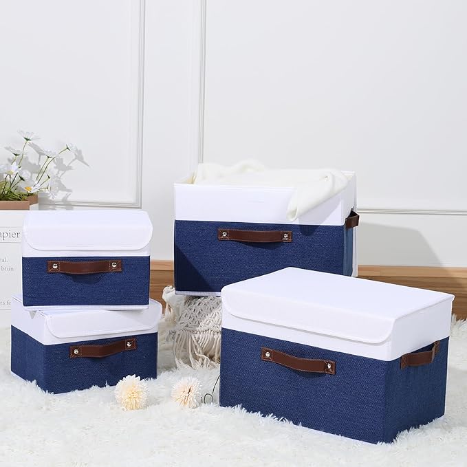 ANMINY 4PCS Storage Boxes with Lid Washable Decorative Storage Bin Basket with PU Leather Handle Foldable Linen Fabric Storage Cube Container for Home Closet Organizer - Deep Blue White, Small Size