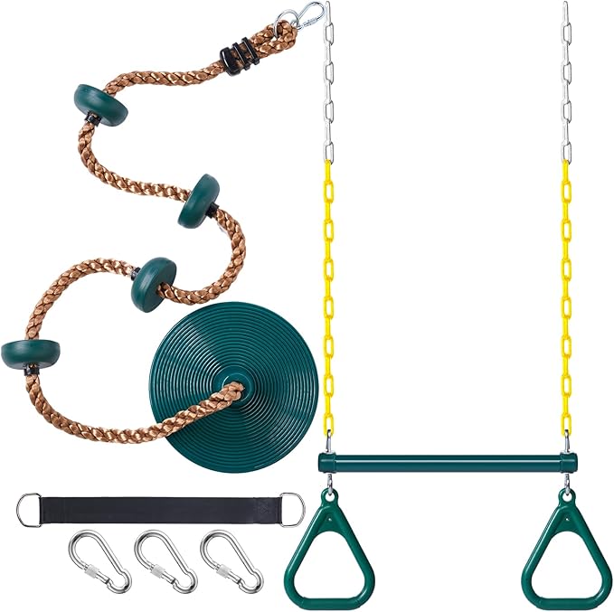 Hungdao 2 Set Gym Ring Trapeze Swing Bar and Climbing Rope with Platforms Disc Heavy Duty Coated Chains Seat Accessories for Outdoor Indoor Playground Backyard(Green)