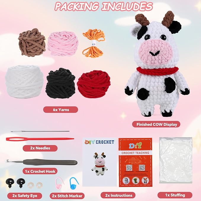 Crochet Animal Kit – 10in Big Adorable COW, Amigurumi Crochet Kit For Intermediate Advanced Level, Kids Knitting Kit With Detailed Videos Tutorials, Yarn, Crochet Hook, Best Gift For Crochet Lovers