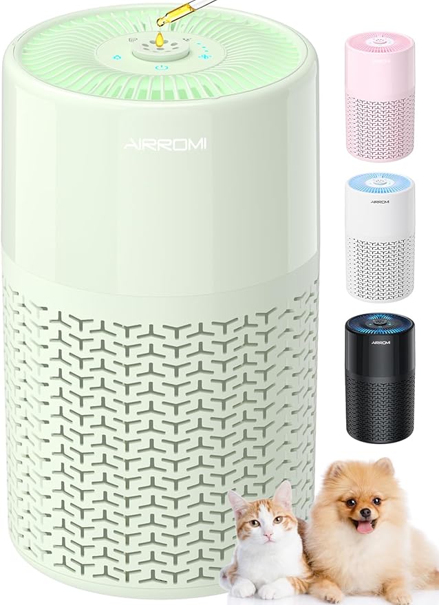 AIRROMI Pets Air Purifier for Home Allergies,Up to 660 ft².Yellow Deodorizing Activated Carbon Filter,With Fragrance Sponge for Better Sleep,Night Light,Pet Dander,Smoke,Odors,Air Cleaner A2002 Green