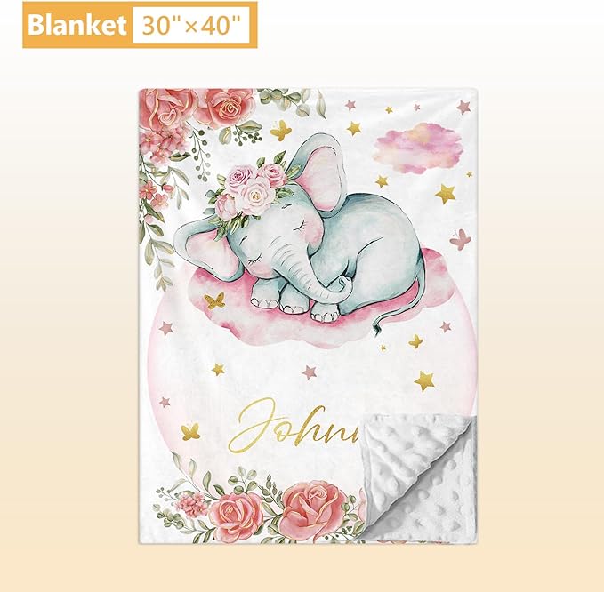 Custom Baby Crib Bedding Set, 5 Pcs Personalized Name Baby Crib Sets for Infant Toddler, Floral Elephant Nursery Bedding Set for Baby Girls, Double Layer Baby Bedding Sets Customized Gifts