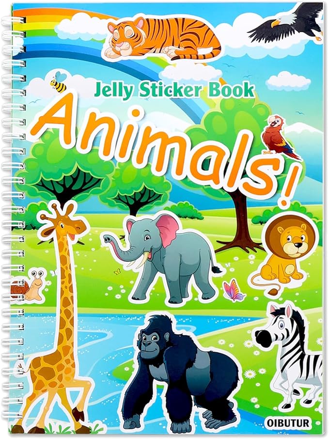 Jelly Sticker Book for Kids 2-4 Travel Essentials, Reusable Sticker Book + 8 Scenes + 2 Matching Games + 51 Large Animal Stickers for 1-3 Toddler Activities (Animals)