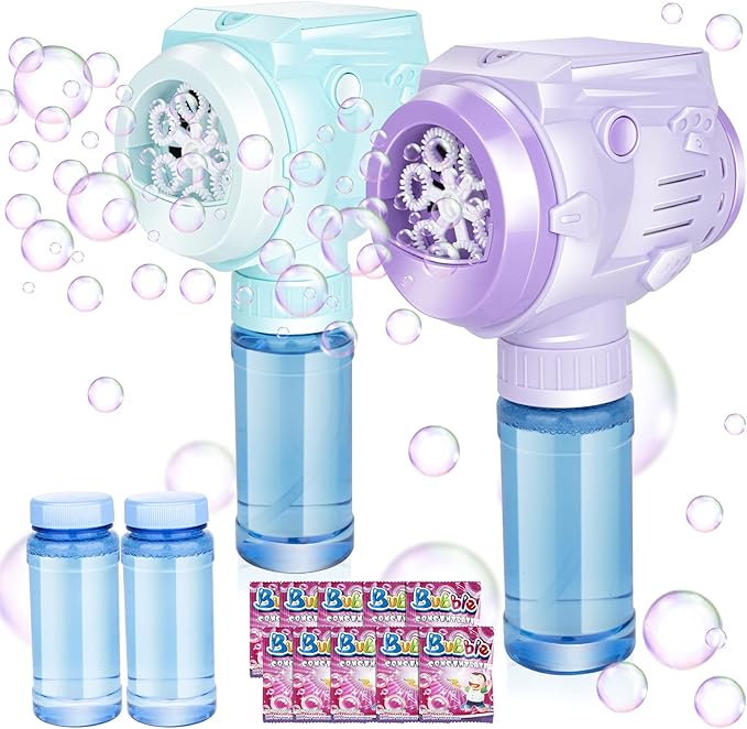 Automatic Bubble Guns with Light, Zealous 2pc High Output Bubble Machines with Bubble Solution & Bubble Concentrate,Handheld Battery Operated Bubble Maker Toys for 3000+ (Bubble-White)
