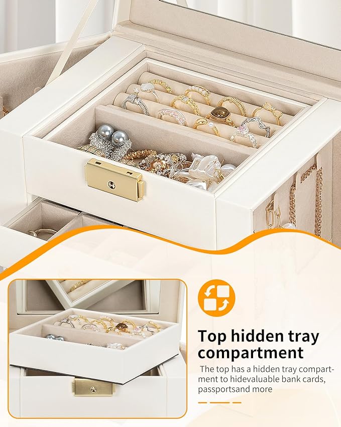 AKOZLIN 4-Tier Jewelry Box Leather Jewelry Storage Organizer with 3 Drawers Lockable for Women Girls Ring Necklace Earring Bracelet Holder with Mirror White