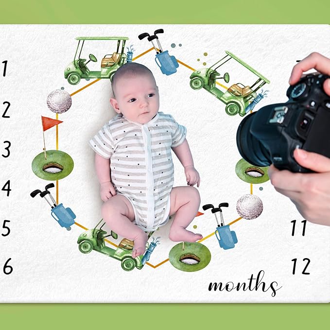 Golf Print Baby Monthly Milestone Blanket Newborn Baby Boy Green Gender Neutral Newborn and Nursery Essentials Personalized Ideas for Nursery Decor (Green, Golf)