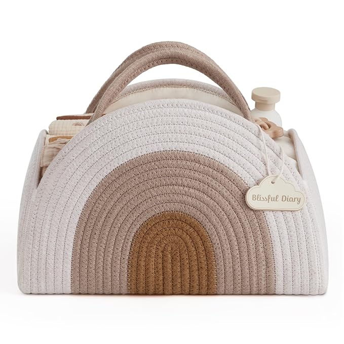 Blissful Diary Baby Diaper Caddy Organizer, Cotton Rope Diaper Caddy Basket, Large Storage Basket for Newborn Boys and Girls, Gift for Baby Shower List, Newborn Essentials, Earthy Rainbow