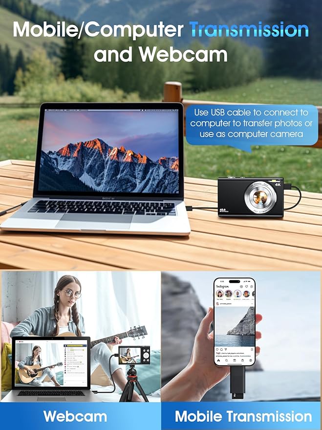 Digital Camera,Autofocus 4K Vlogging Camera for Photography with 32GB Card,48MP Portable Compact Point and Shoot Digital Camera for Teens Adult Beginner with 16X Zoom,Anti-Shake,2 Batteries(Black)