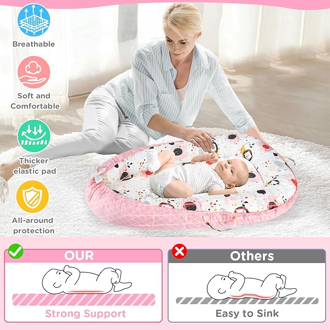 Baby Lounger - Baby Lounger for Newborn 0-24 Months, Breathable and Soft Cotton Cover Baby Nest, Portable Cozy Tummy Time Lounger for Home and Travel, Ideal Baby Essentials & Shower Gifts