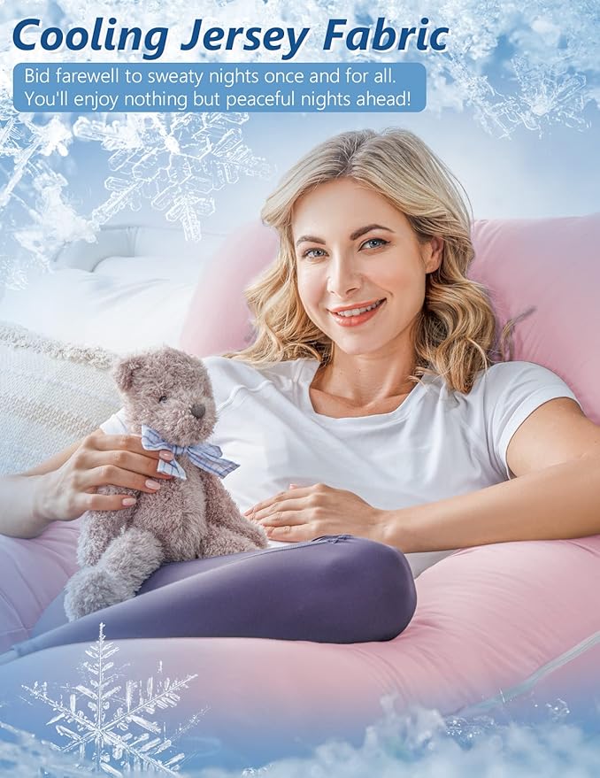 Meiz Pregnancy Pillows, Pregnancy Pillows for Sleeping, Pregnancy Body Pillow Cooling, Maternity Pillow for Pregnant Woman with Cooling Jersey Cover, Pink