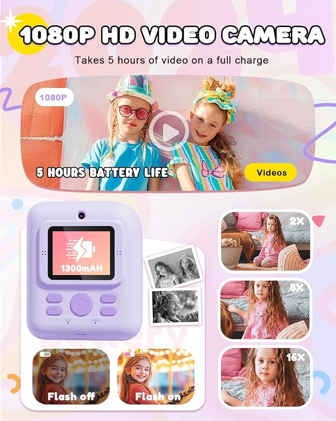 Kids Camera Instant Print, Upgrade Dual-Lens Selfie Digital Camera for Kids, Christmas Birthday Gifts Toys for Boys Girls Age 3-12, HD 1080P Toddler Portable Toy with SD Card 3 Rolls Print Paper