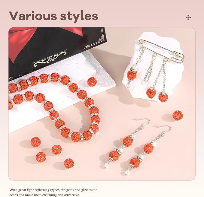 105pcs 10mm Rhinestone Beads for Jewelry Making, Orange Shiny Round Disco Ball Beads Bulk, Sparkle Crystal Clay Christmas for Bracelet Baseball Necklace Earring Crafting and DIY
