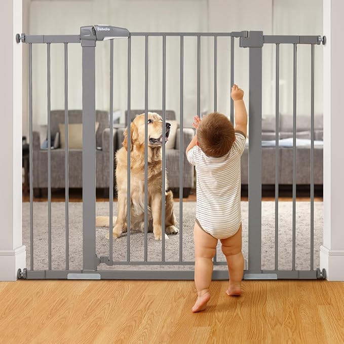 BABELIO 36 Inch Tall Metal Baby Gate, 29-48" Auto Close Pressure Mounted Dog Gate, Gray