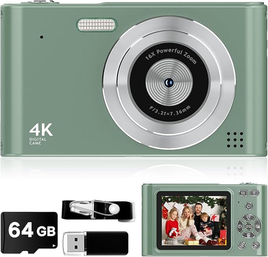 2025 Digital Camera - 1080P Vlog Camera, 44MP Compact, 16X Zoom, Anti-Shake, Green Gift for Kids