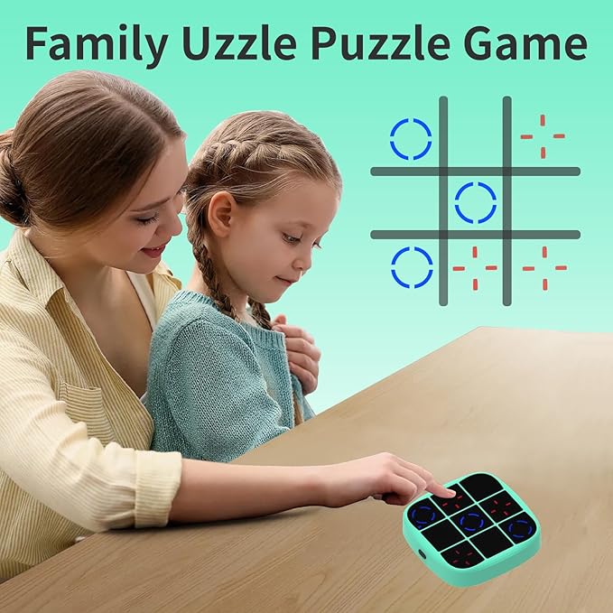 Tic-Tac-Toe Bolt Game, 4-in-1 Handheld Puzzle Game Console, Electronic Tic-Tac-Toe Toy, Educational and Memory Growth, Portable Travel Games for Car Ride, Board Games for Kids and Adults (Cyan)