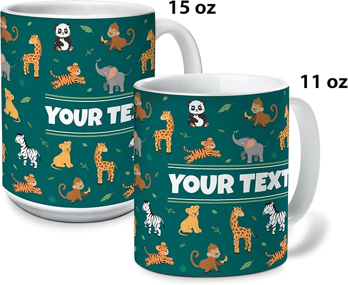 Personalized Mug for Kids - Zoo Animals - Custom Name/Text, Ceramic Hot Chocolate/Cocoa/Coffee Cup for Boys/Girls, Birthday/Christmas/Holiday Gift - 15 oz, Pink Handle