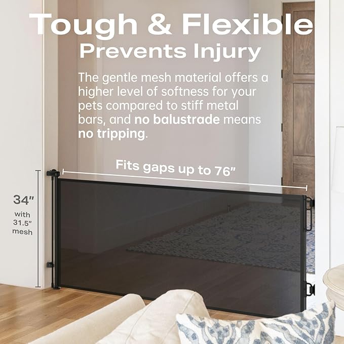 Cumbor 76" Extra Wide Retractable Gates for Stairs, Mesh Dog Gate for The House, 34" Tall Extra Wide Pet Gate for Dogs, Long Safety Gates for Doorways, Hallways, Indoor/Outdoor(Black)