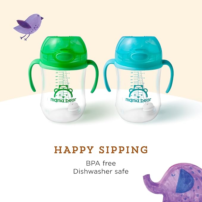 Amazon Brand - Mama Bear Silicone Weighted Straw Sippy Cup, 9 Ounces, Pack of 4, Blue/Green