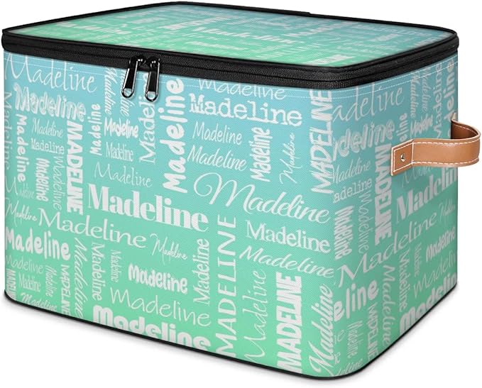 Custom Storage Basket with Name, Personalized Storage Bins with Zipper Lid, Foldable Fabric Storage Box Large capacity with Handle Bright Green Blue