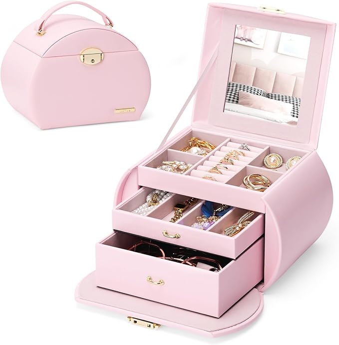 Homde Girls Jewelry Box Jewelry Storage Case Organizer with Mirror for Rings, Earrings, Bracelets, Necklaces (Light Pink + Gold)