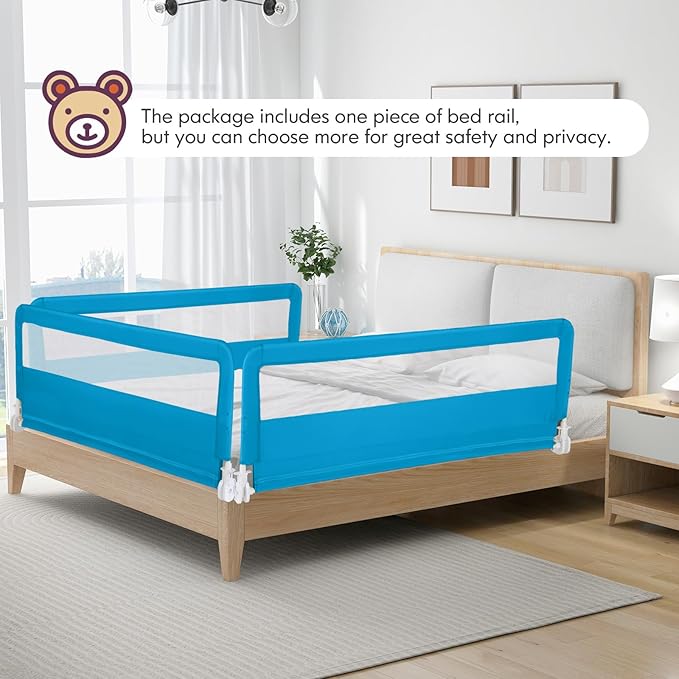BABY JOY Bed Rails for Toddlers, 59'' Extra Long, Swing Down Bed Guard w/Safety Straps, Folding Baby Bedrail for Kids Twin, Double, Full Size Queen & King Mattress (Blue, 59-Inch)