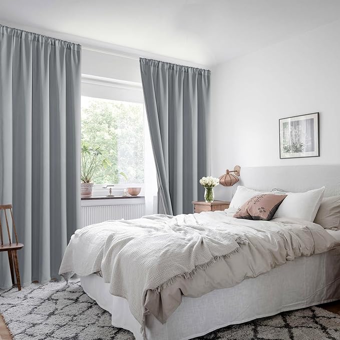XWZO 100% Blackout Curtains with Tiebacks- Rod Pocket Heat and Full Light Blocking Window Panels for Bedroom/Nursery, 63 Inches Long Thermal Insulated Draperies, Grey, W60 x L63, Set of 2
