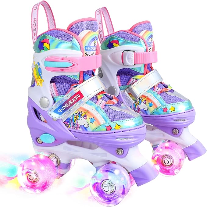 4-Pejiijar Rainbow Unicorn Kids Roller Skates for Girls Toddler Ages 2-4 5-8 8-12,Adjustable Roller Shoes with Luminous Wheels for Birthday Xmas Gifts