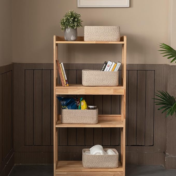 4 Pack Small Storage Shelf Baskets for Organizing, Mini Woven Rope Storage Bins for Towels, Cute Decorative Closet Organizer，Baby Nursery, Gift Empty Baskets -13.78''Lx9.84''Wx5.51''H-Brown