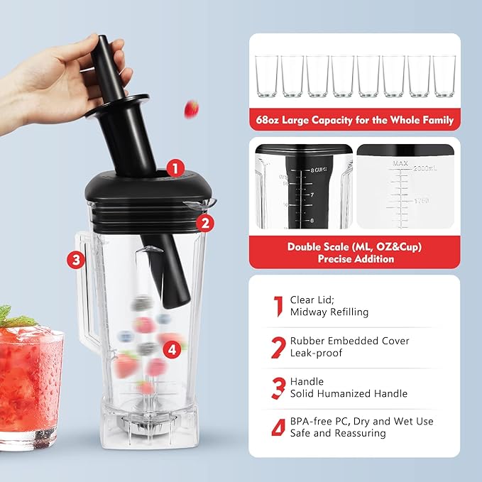 Blender 2L Automatic Smoothie Mixer Baby Food Blender 68oz Fruit Vegetables Juicer 2200W High-Speed Blender Tabletop Soundproof Milkshake Maker (Red)