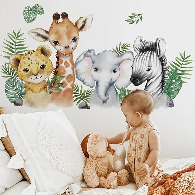 52.51x23.62 Inch Watercolor Jungle Animal Wall Decals Safari Forest Animal Wall Sticker Elephant Lion Monkey Decals for Baby Nursery Playroom Bedroom Classroom Kindergarten Decor