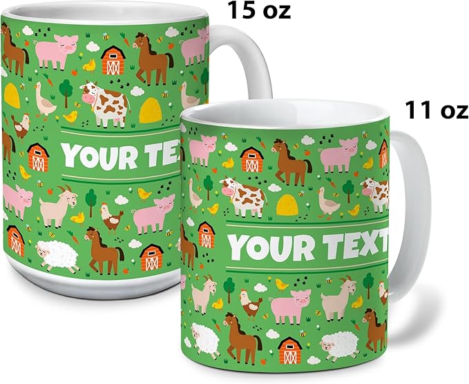 Personalized Mug for Kids - Farm Animals - Custom Name/Text, Ceramic Hot Chocolate/Cocoa/Coffee Cup for Boys/Girls, Birthday/Christmas/Holiday Gift - 11 oz, Pink Handle