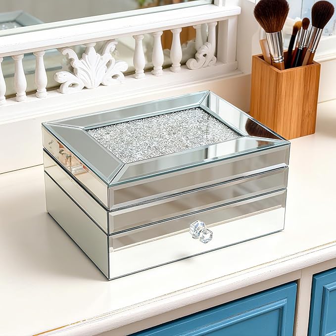 2 Layer Mirror Glass Jewelry Box with Crushed Diamond Decor, Velvet-Lined Trinket Organizer for Rings Earrings Necklaces Bracelets - Elegant Treasure Chest Storage Case for Women Girls
