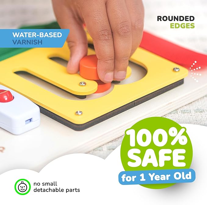 deMoca Montessori Busy Board for 1 Year Old, Premium Wooden Baby Busy Board, Airplane Toys for Toddlers 1-3, Car Travel Essential, Gift for Boys & Girls