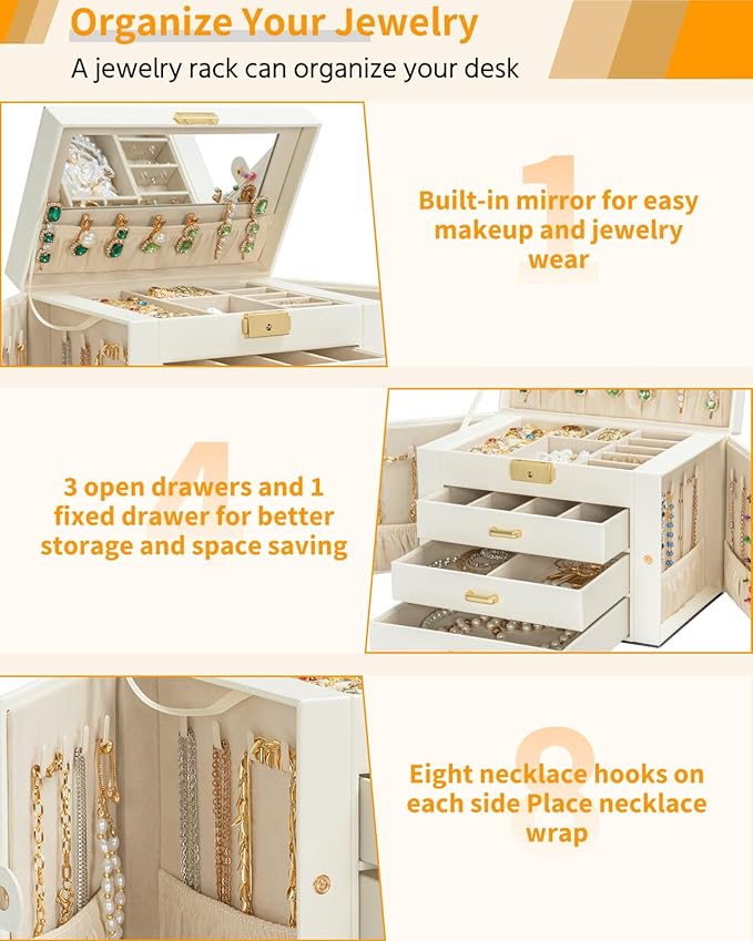 AKOZLIN Large 4-Tier Jewelry Box Leather Jewelry Storage Organizer with 3 Drawers Lockable for Women Girls Ring Necklace Earring Bracelet Watches Holder with Mirror White