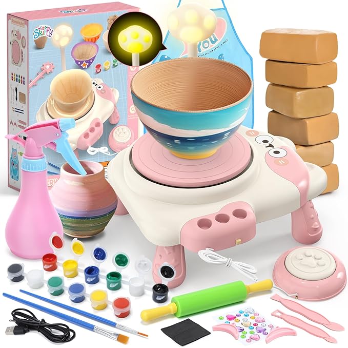 Skirfy Pottery Wheel for Kids Beginners with Light,Arts and Crafts for Kids Ages 8-12,Ceramic Wheel with Painting Kit, Adjustable Speed,Birthday Christmas Thanksgiving Gift for Girls Boys Age 6+