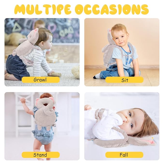 Baby Head Protection Backpack - Soft & Comfortable, Cute Cartoon Design, Elephant