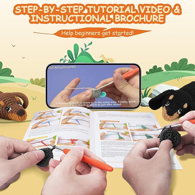 Crochet Kit for Beginners - 2 PCS Dachshund Crochet Kits with Step-by-Step Video Tutorials, Beginner Crochet Kit for Adults, Crochet Animal Kit for Kids, Dog Craft Knitting Kit