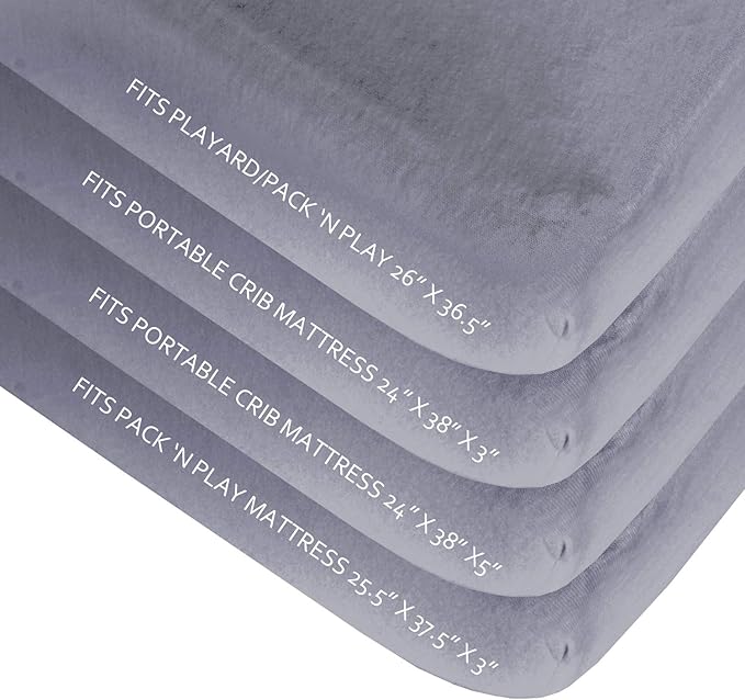 4-Pack Fitted Pack and Play Sheets for Boys and Girls - Breathable, Soft Microfiber Baby Sheets in Grey and Pink