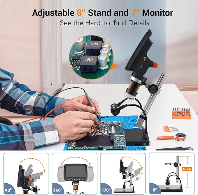 Digital Microscope with 7" LCD Screen,1500X Magnification Soldering Microscope with HDMI,Coin Microscope with 12MP Image Sensor,Windows/Mac/TV Compatible（32GB Card）
